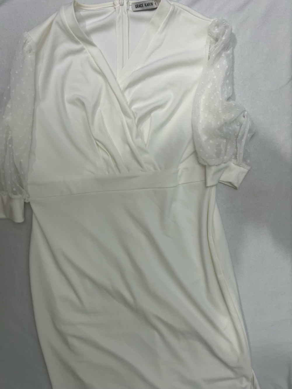 Grace Karin White Sheer Dot Sleeve Wrap-Front Dress